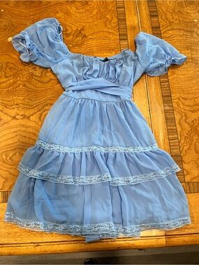 B. Smart Sky Blue Puff Sleeve Tiered Chiffon Dress